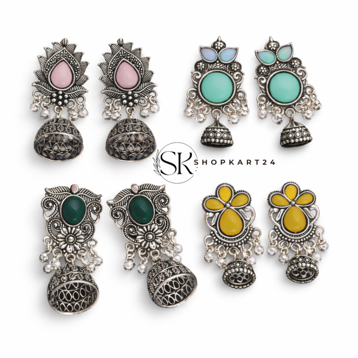 Oxidised Jhumki Earrings Combo Set – 4 Pair Traditional Stone Studded Earrings for Women | Shopkart24